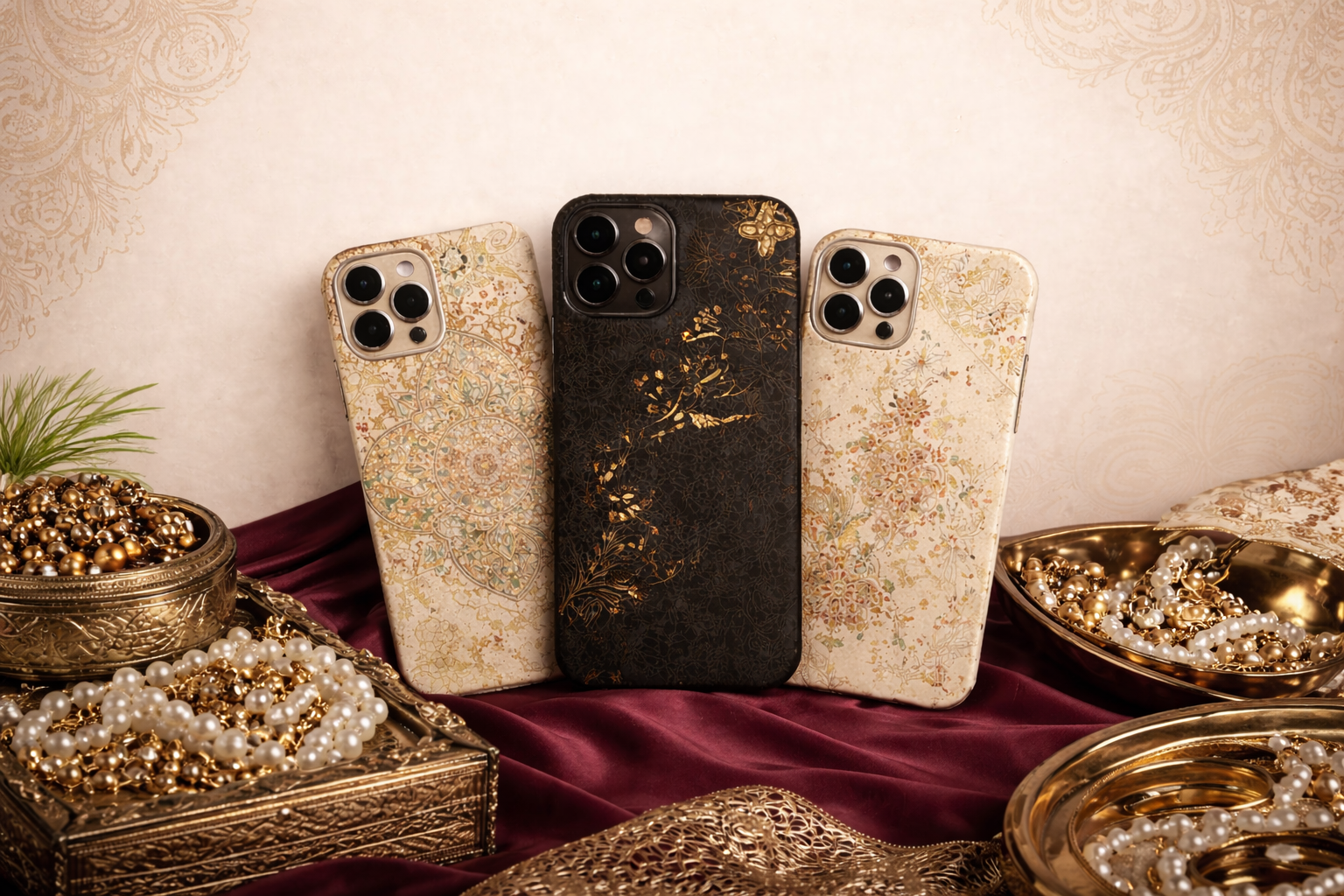 Three phone cases with warm colors on a decorative surface with ornate decorations surrounding them.