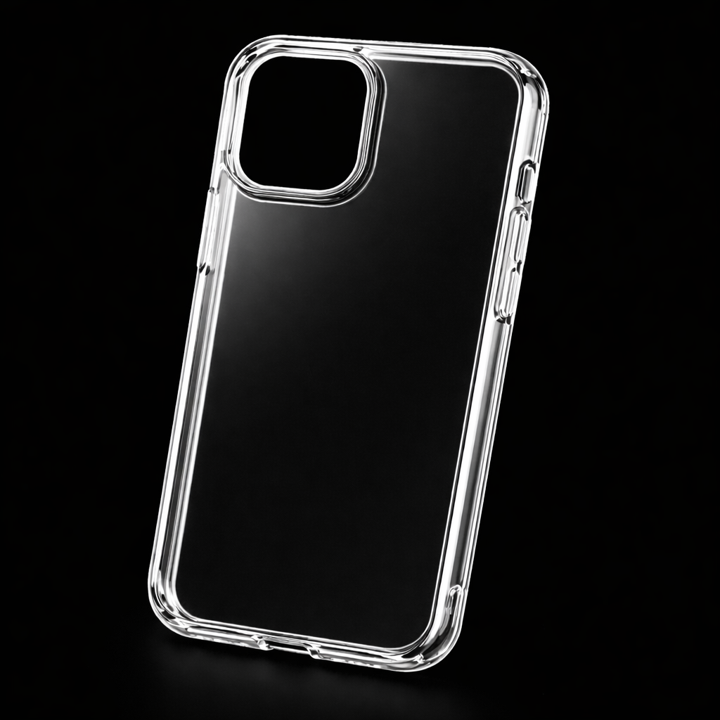 Clear phone case material on a black background