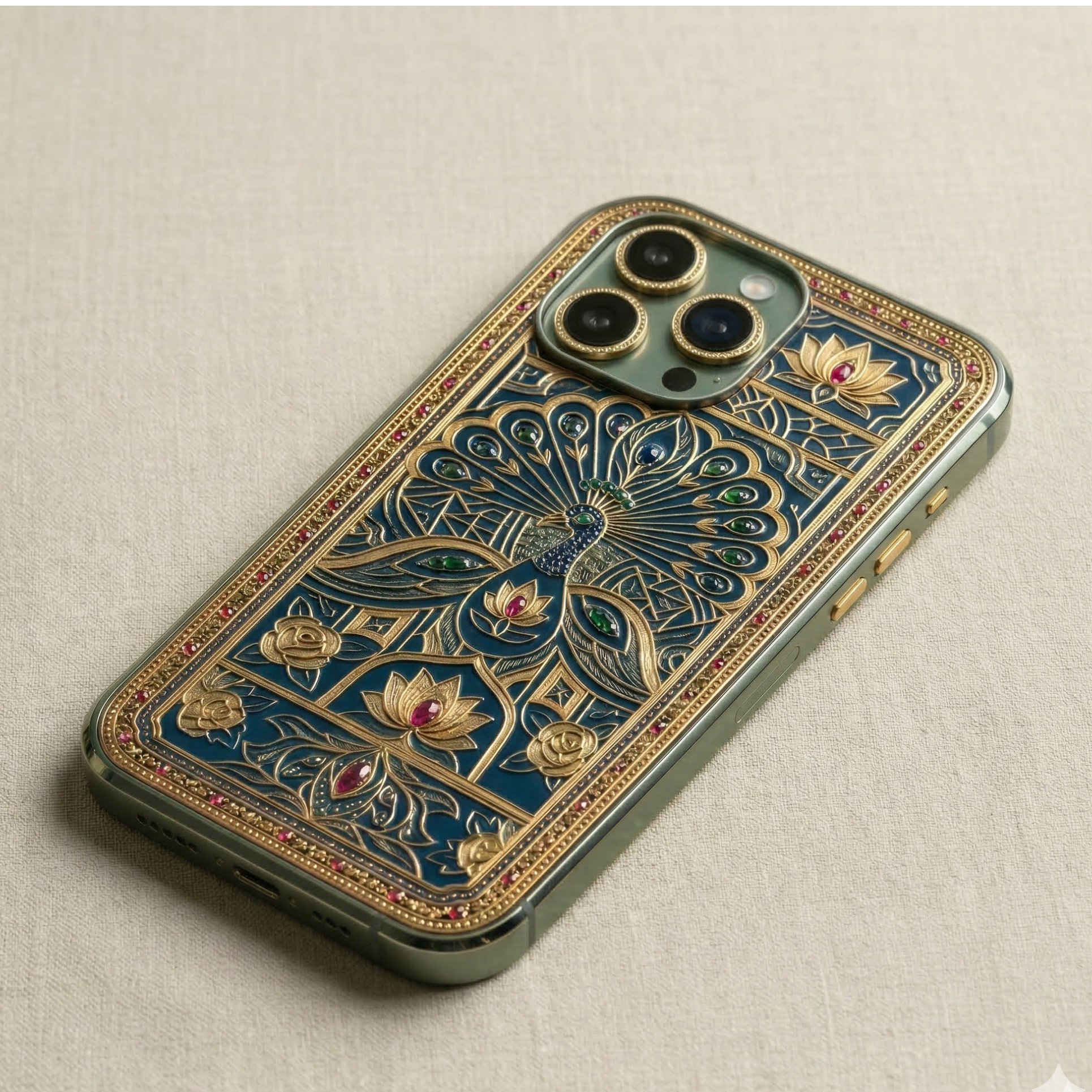 A vibrant, high-contrast mockup of an iPhone case inspired by Pakistani Truck Art. The design features a stylized peacock and bright floral borders in deep blue, yellow, and red. The art style is "Pop Art" with clean, sharp lines with red and green small decorations. The case is displayed at an angle to show the side buttons. 