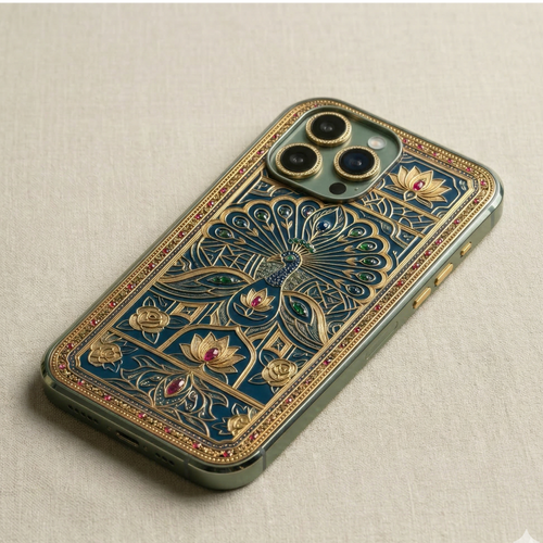 A vibrant, high-contrast mockup of an iPhone case inspired by Pakistani Truck Art. The design features a stylized peacock and bright floral borders in deep blue, yellow, and red. The art style is "Pop Art" with clean, sharp lines with red and green small decorations. The case is displayed at an angle to show the side buttons. 