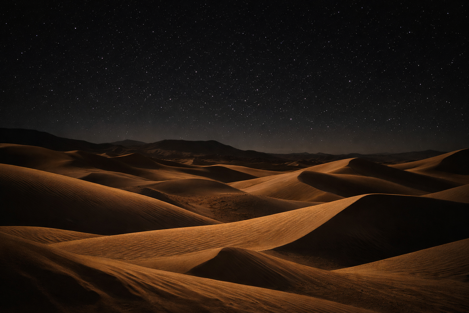 Desert sand dunes under a starry night sky