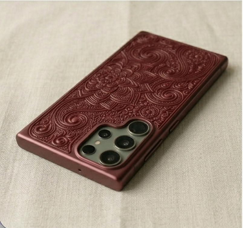 maroon leather phone case with intricate patterns on a beige fabric background