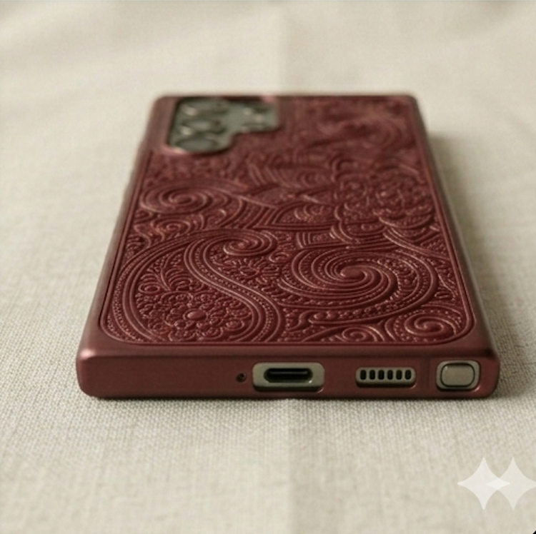 Phone case with intricate paisley design on a light fabric background