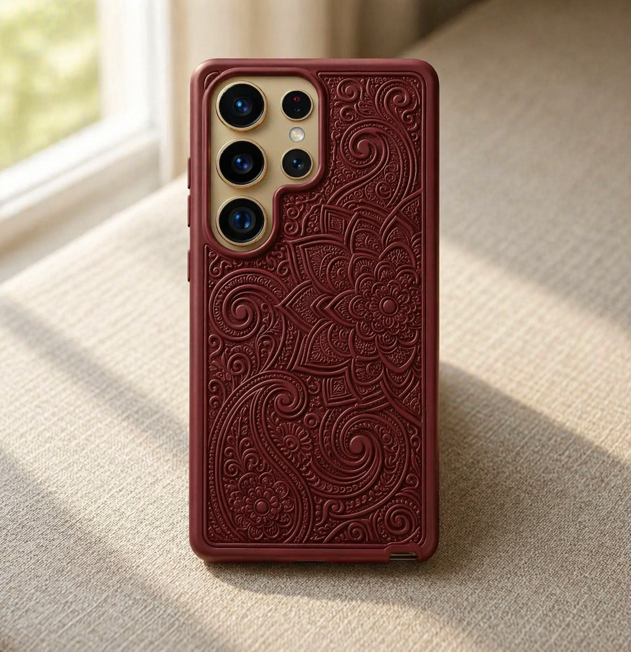 Red phone case with intricate patterns on a textured surface