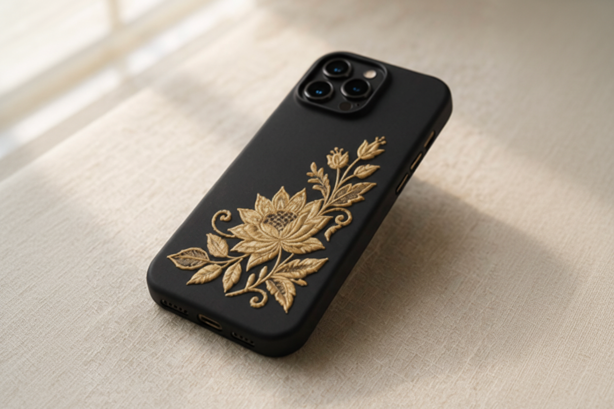 Black phone case with gold floral design on a beige surface