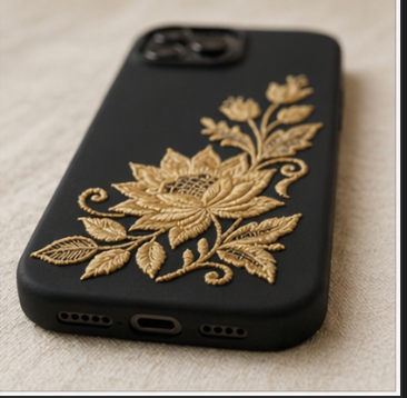 Black phone case with gold floral embroidery on a light gray background