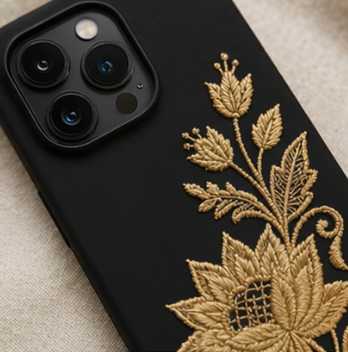 Black phone case with gold floral embroidery on a textured surface