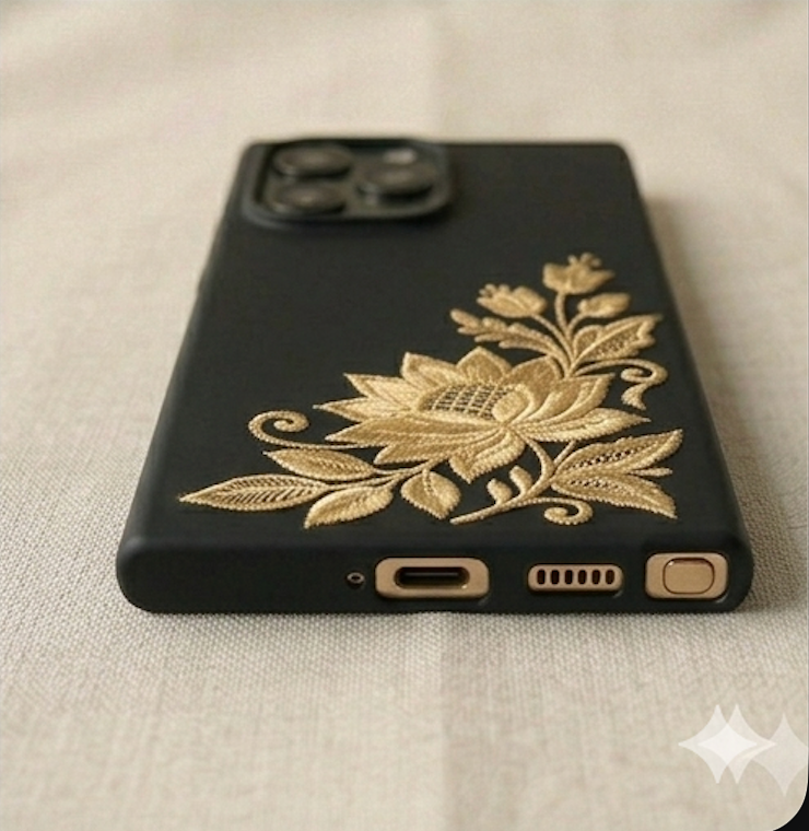 Black phone case with gold floral design on a beige fabric background