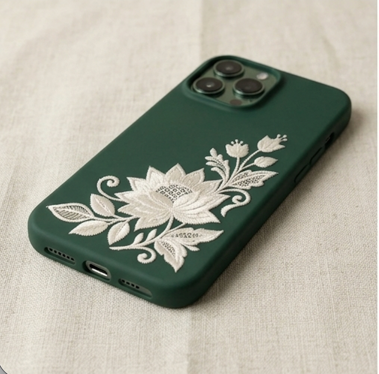 Green phone case with white floral design on a beige fabric background