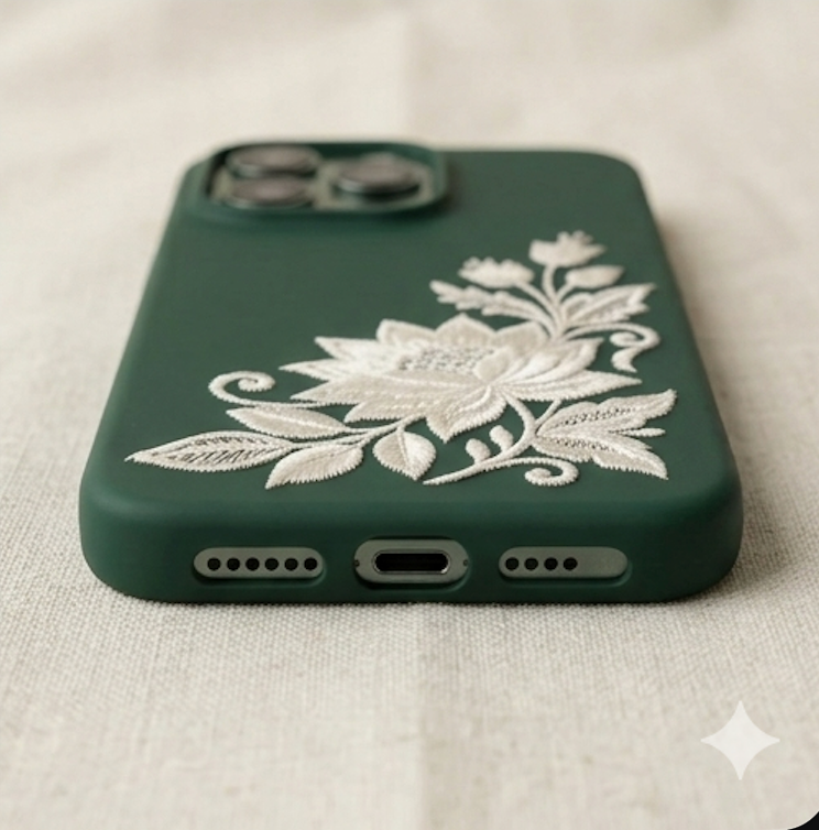 Green phone case with white floral embroidery on a light fabric background
