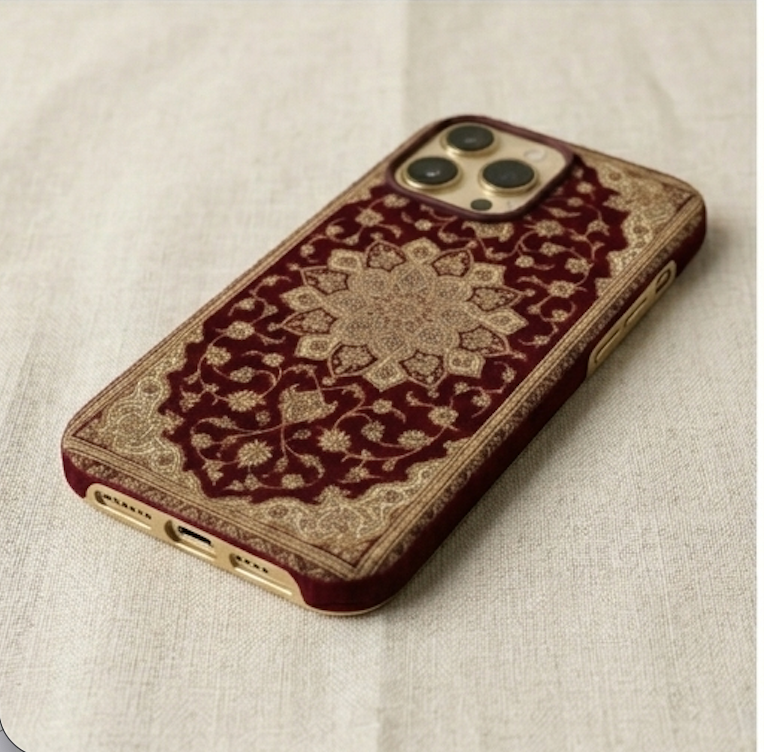 Phone case with intricate design on a textured surface