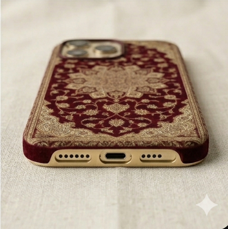 Phone case with intricate design on a light fabric background