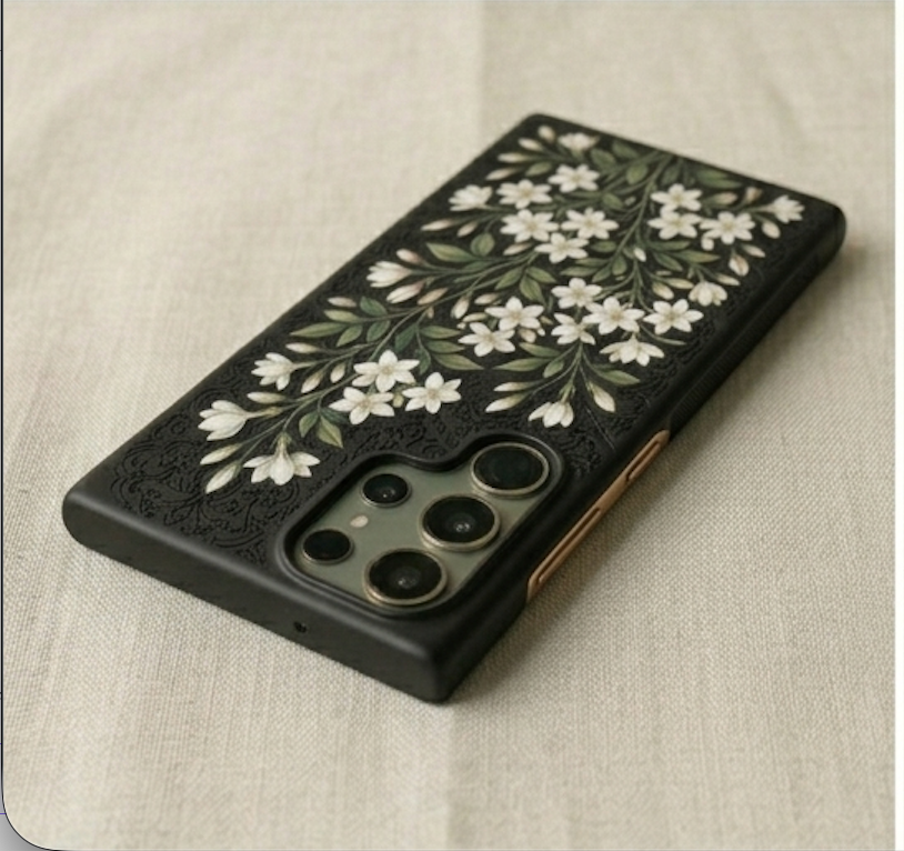 Phone case with floral design on a beige fabric background