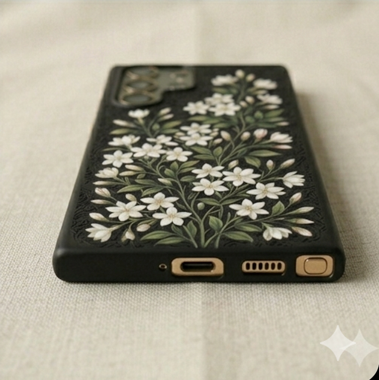 Phone case with floral design on a light fabric background