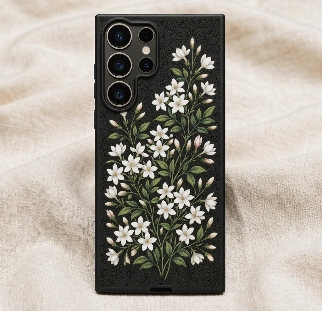 Phone case with floral design on a beige fabric background