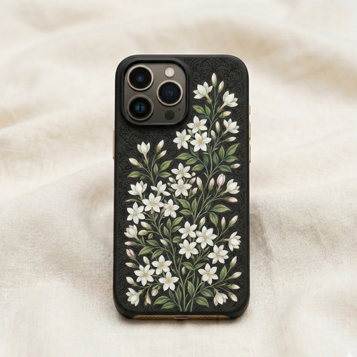 Luxury iphone case with matte black background featuring a dense vertical garden of delicate jasmine flowers (motiya / chameli), small white jasmine blossoms with soft yellow centers growing on tall slender green stems, mixed with buds and leaves, illustrated in a hand-painted botanical style inspired by South Asian floral art and Mughal garden aesthetics, elegant composition with flowers rising upward across the case, vibrant but refined colors, modern luxury aesthetic