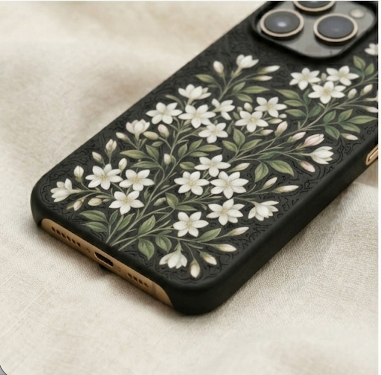 Phone case with floral design on a beige fabric background