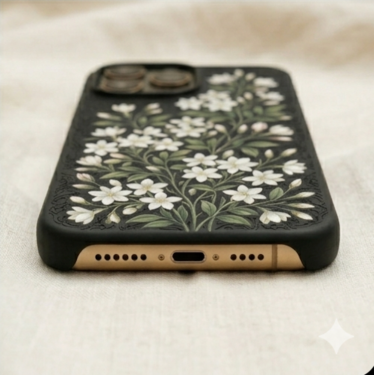 Phone case with floral design on a light background