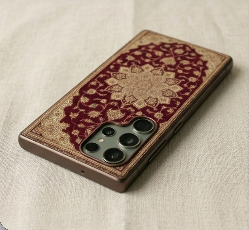 Phone case with intricate design on a light fabric background
