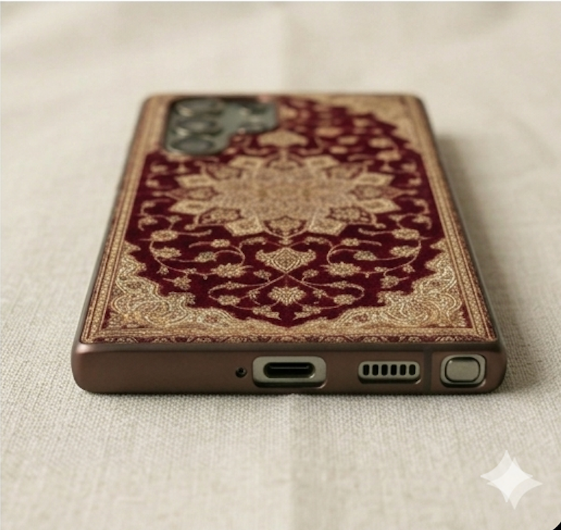 Phone case with intricate design on a beige fabric background