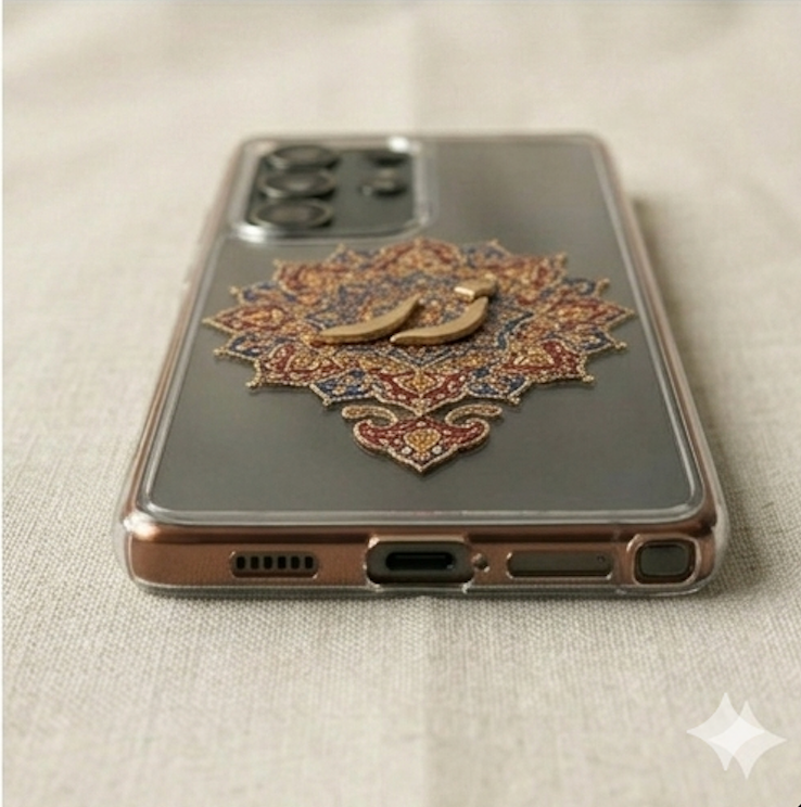 Phone case with intricate design on a light fabric background