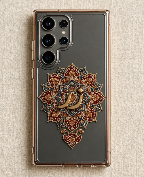 Phone case with decorative mandala design on a textured beige background
