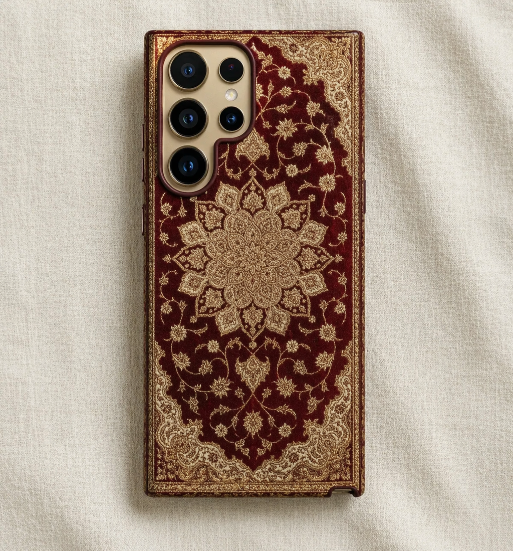 Phone case with intricate design on a textured surface