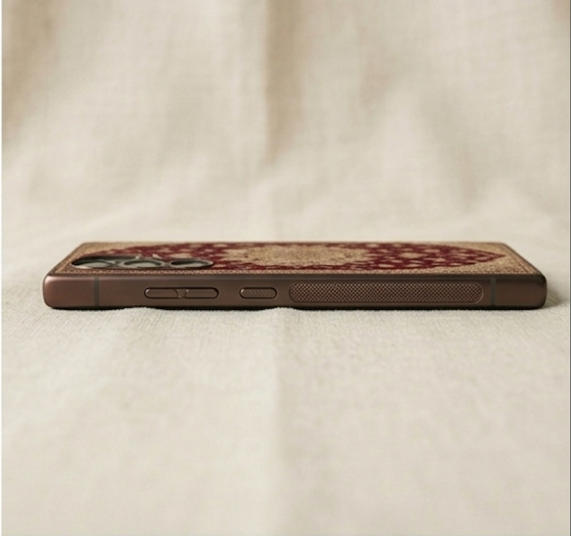 Phone case with intricate design on a beige fabric background