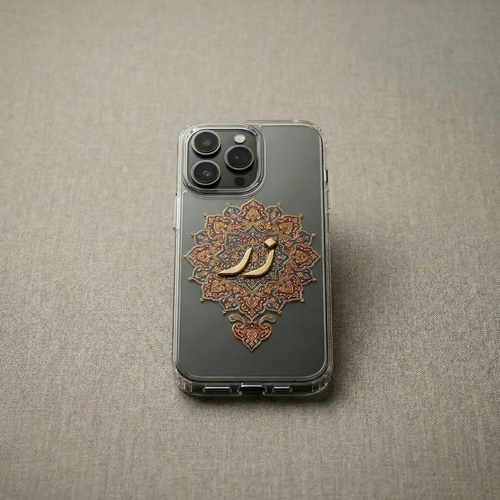 The case is made of premium clear silicone . In the center, there is a bold, 3D raised metallic gold chrome Urdu calligraphy of the word "Zar" (زر) behind a traditional design. 