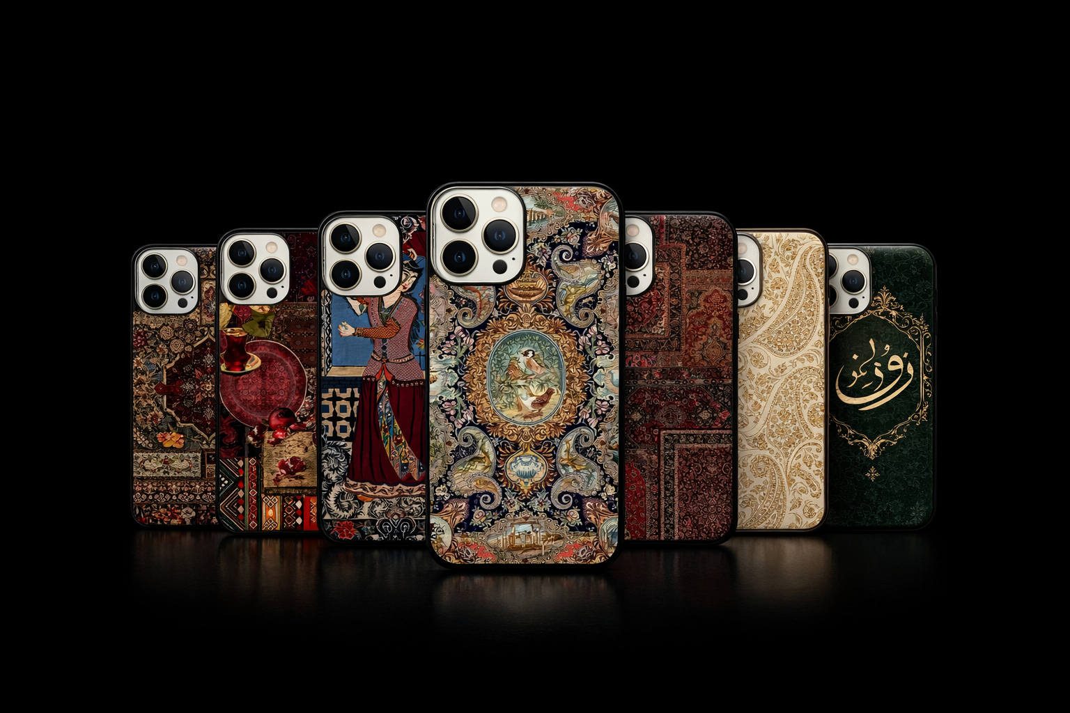 Collection of colourful phone cases on a black background displaying south asian artwork
