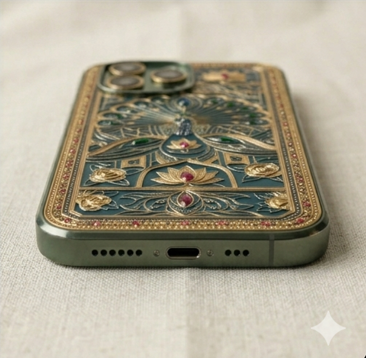 Decorative phone case with intricate designs on a light fabric background