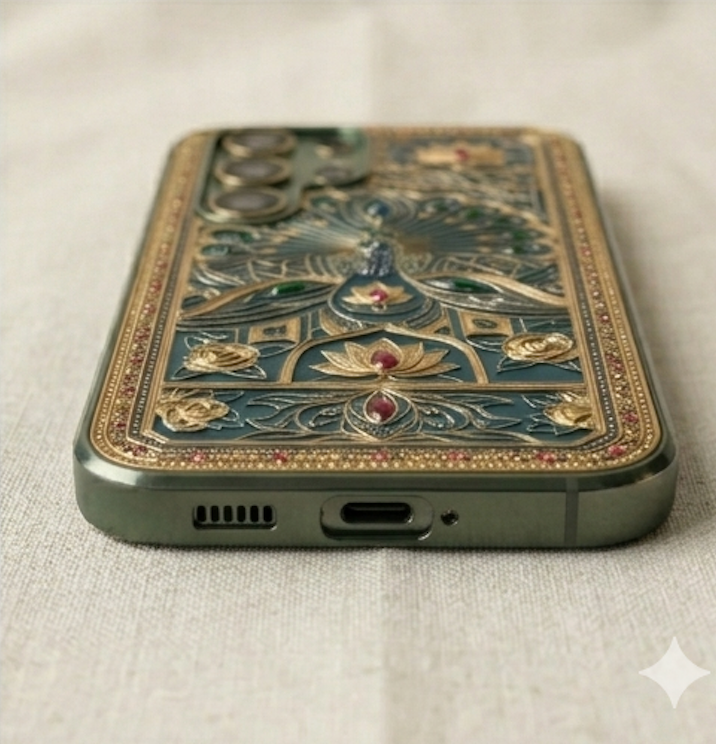 Decorative phone case with intricate designs on a light fabric background