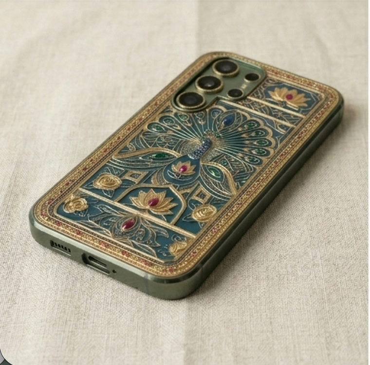 Decorative phone case with intricate patterns on a light fabric background