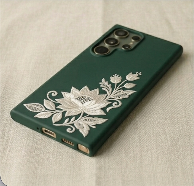 Green phone case with white floral design on a beige fabric background