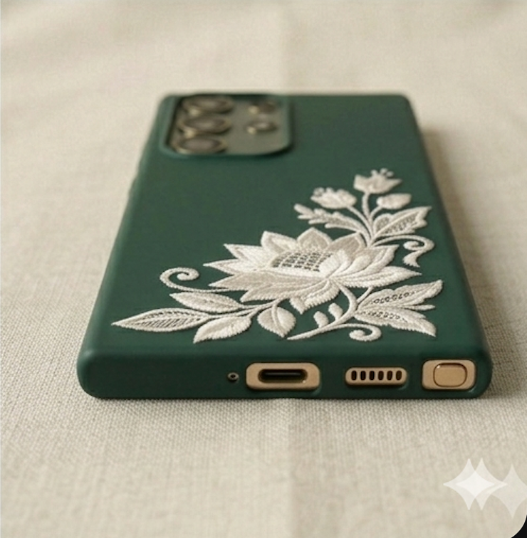 Green phone case with white floral embroidery on a beige fabric background
