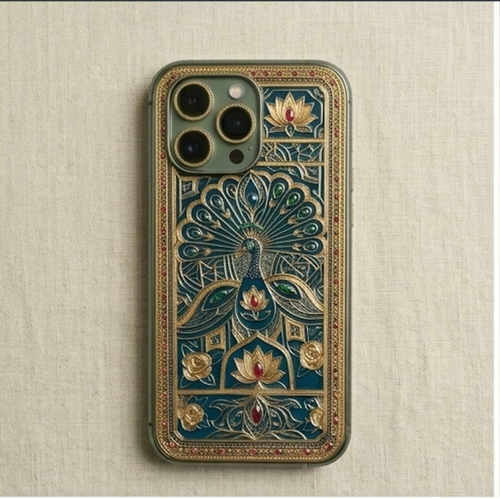 Phone case with peacock design on a textured beige background