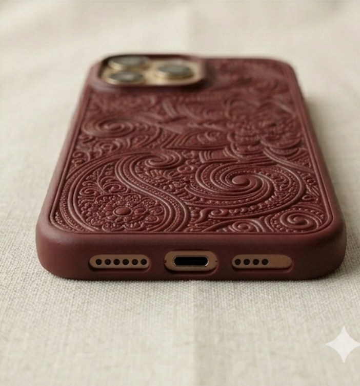 Brown embossed phone case on a light fabric background