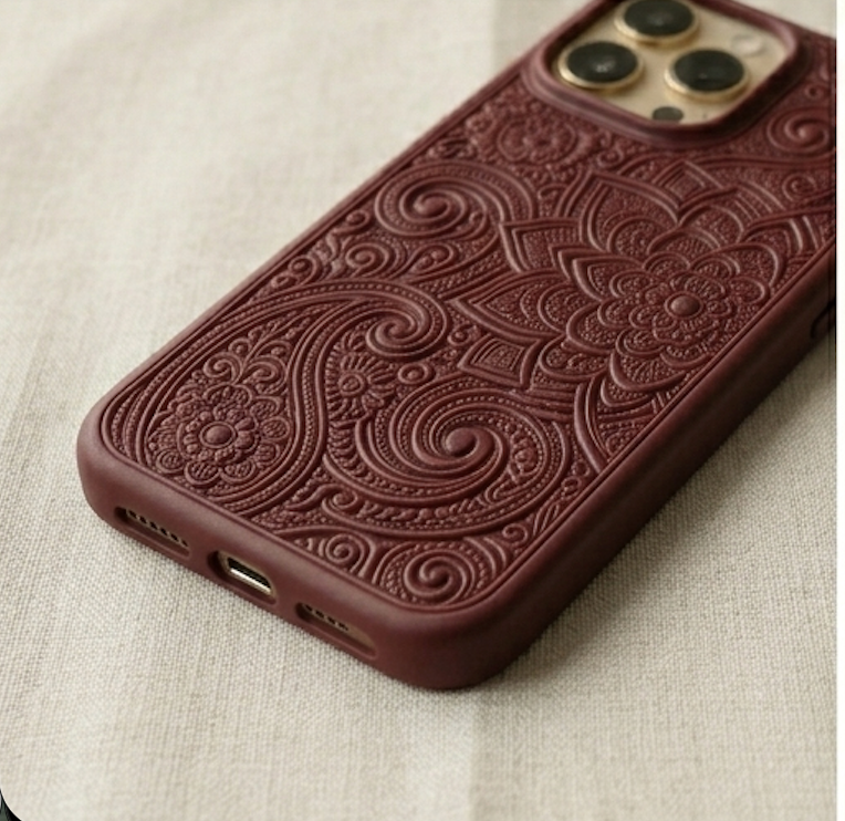Brown phone case with intricate paisley pattern on a beige fabric background