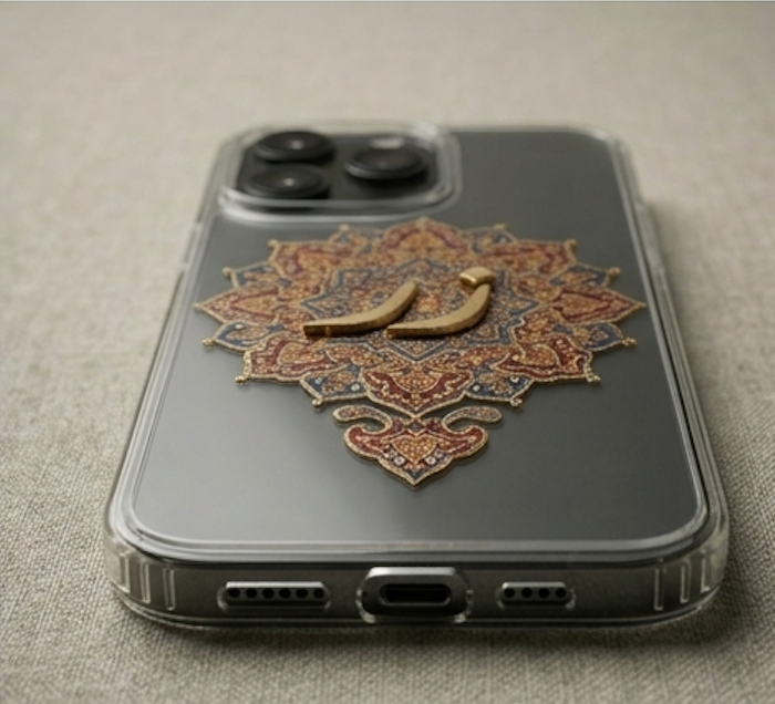 Phone case with decorative design and 'ahu' symbol on a textured surface