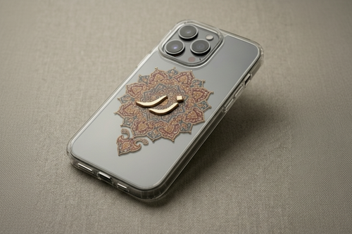 Phone case with decorative design on a textured surface