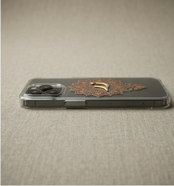 Phone case with floral design on a textured beige surface